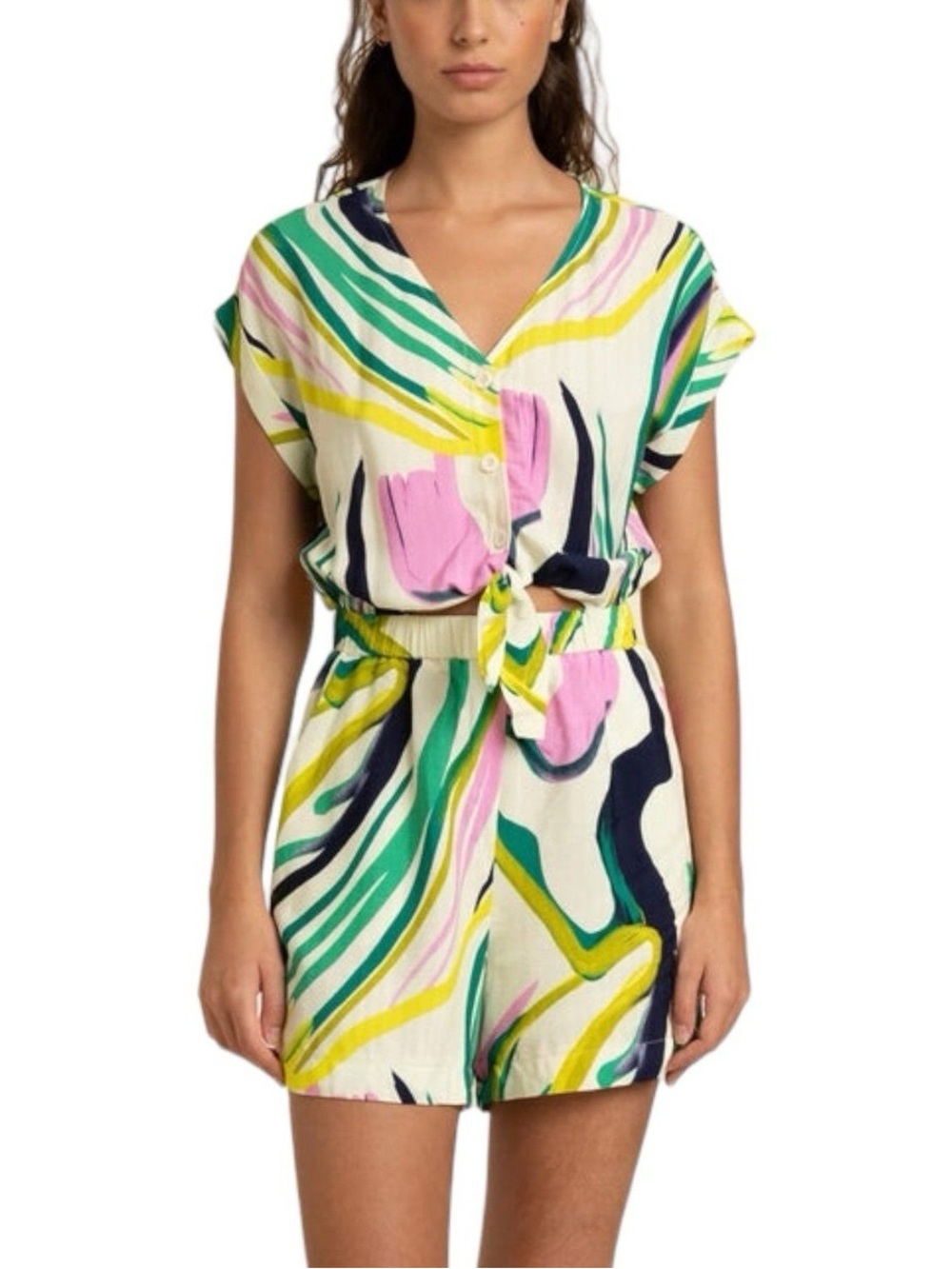 FRNCH Paris Menorca Romper Sz S Colorful Abstract Print Tie Waist Button Front